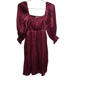 Blu Pepper Burgundy Puff Sleeve Satin Mini Dress Square Neck S